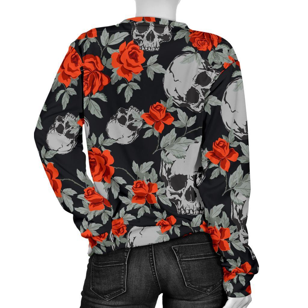 Red Rose Grey Skull Pattern Print Women's Crewneck Sweatshirt GearFrost