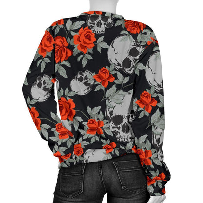 Red Rose Grey Skull Pattern Print Women's Crewneck Sweatshirt GearFrost
