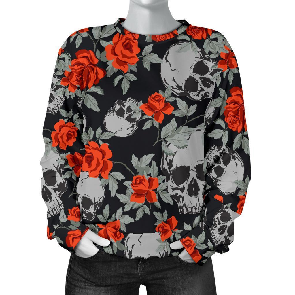 Red Rose Grey Skull Pattern Print Women's Crewneck Sweatshirt GearFrost