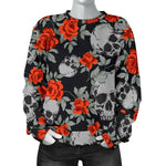 Red Rose Grey Skull Pattern Print Women's Crewneck Sweatshirt GearFrost