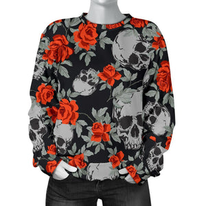 Red Rose Grey Skull Pattern Print Women's Crewneck Sweatshirt GearFrost