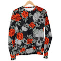 Red Rose Grey Skull Pattern Print Women's Crewneck Sweatshirt
