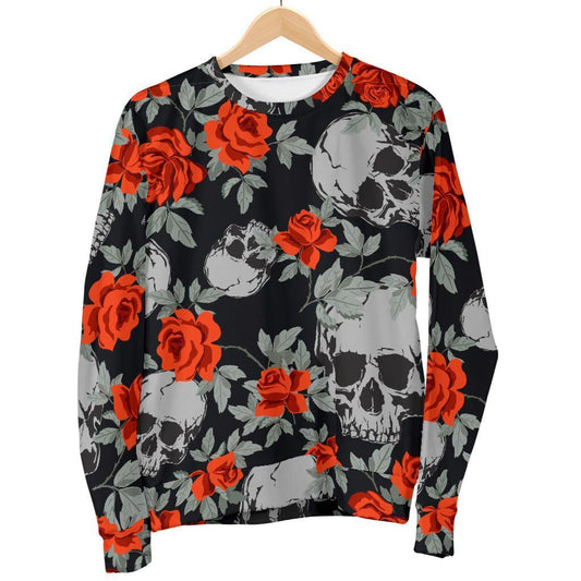 Red Rose Grey Skull Pattern Print Women's Crewneck Sweatshirt GearFrost