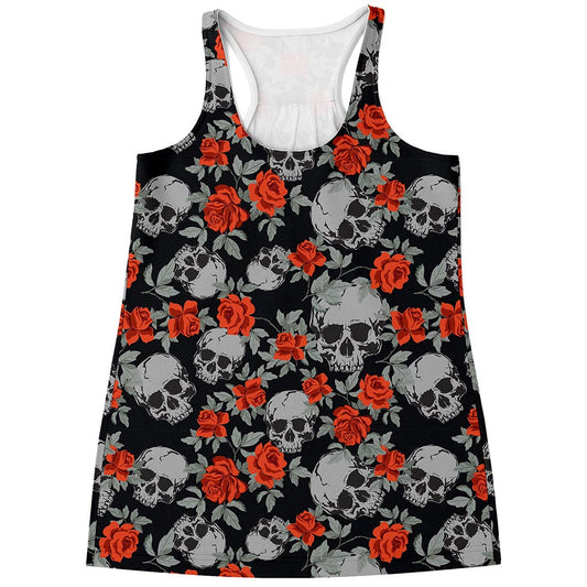 Red Rose Grey Skull Pattern Print Women's Racerback Tank Top