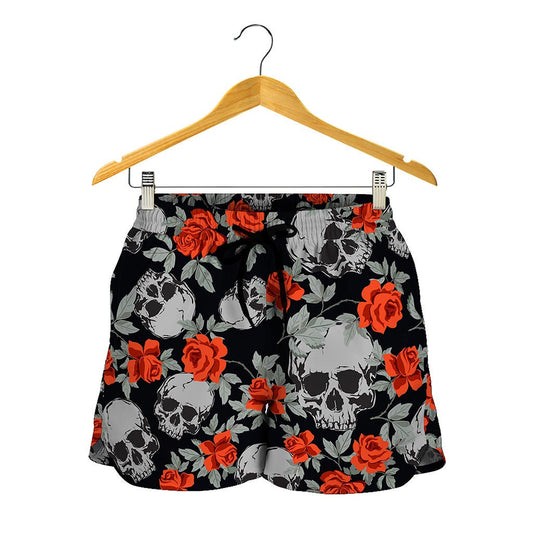 Red Rose Grey Skull Pattern Print Women's Shorts