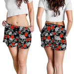 Red Rose Grey Skull Pattern Print Women's Shorts