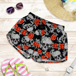 Red Rose Grey Skull Pattern Print Women's Shorts