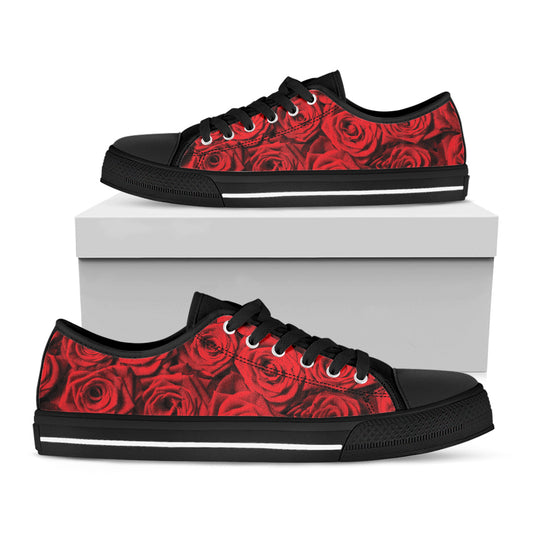 Red Rose Print Black Low Top Shoes