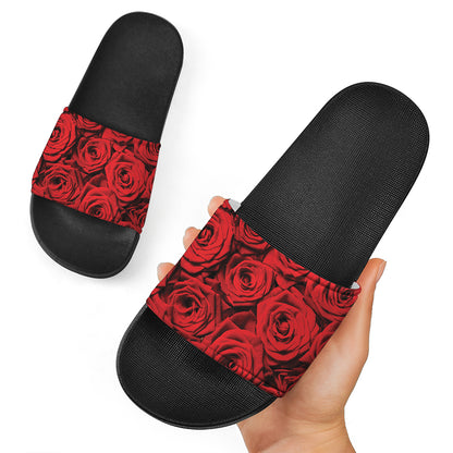 Red Rose Print Black Slide Sandals