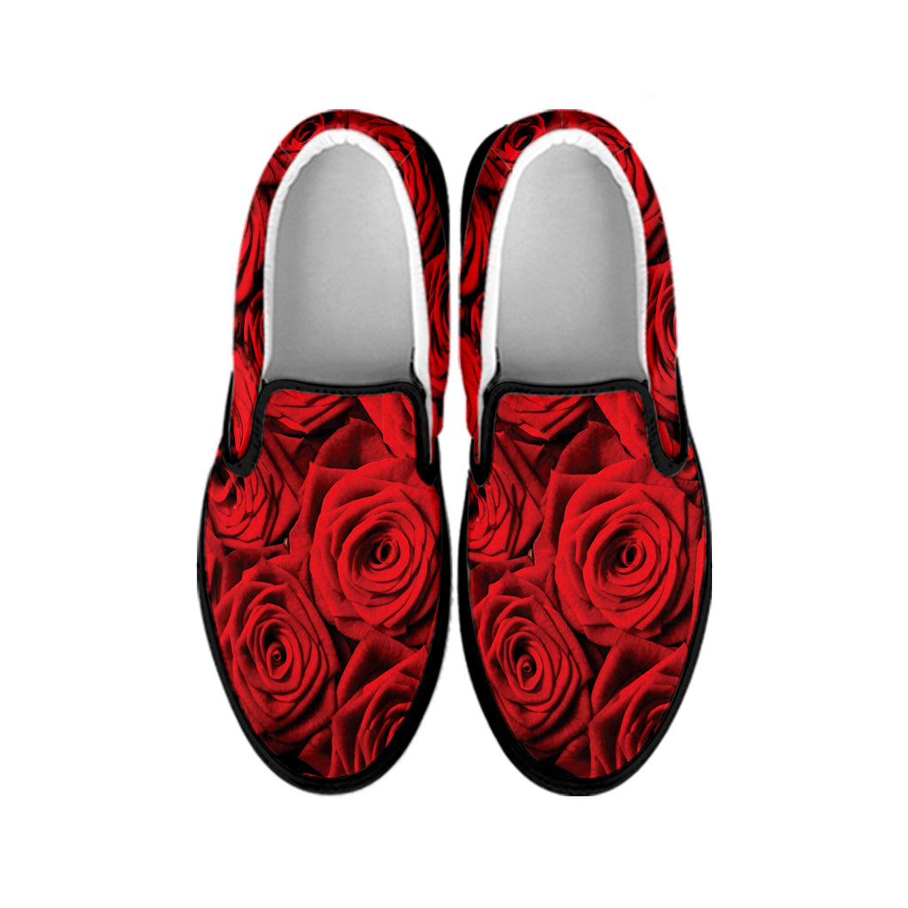 Red Rose Print Black Slip On Shoes