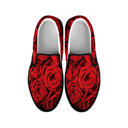 Red Rose Print Black Slip On Shoes