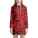 Red Rose Print Hoodie Dress