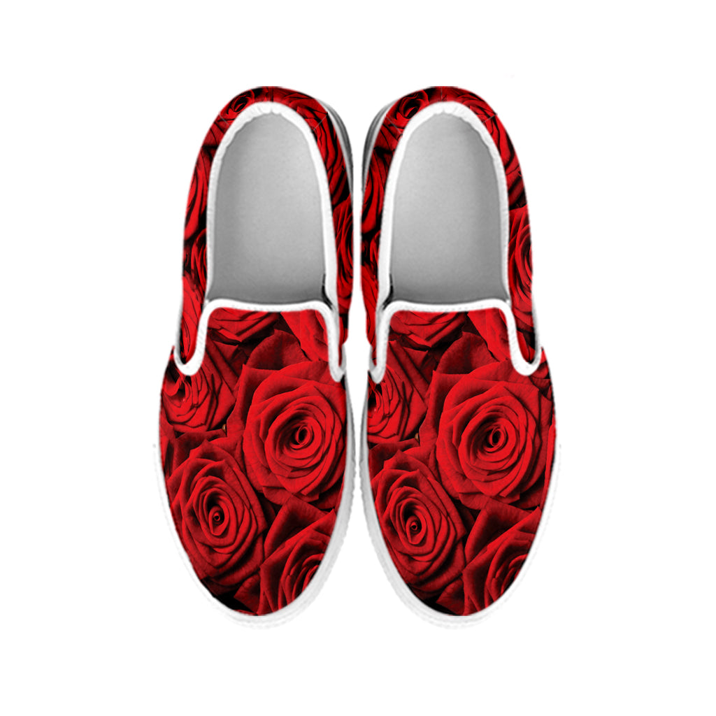 Red Rose Print White Slip On Shoes