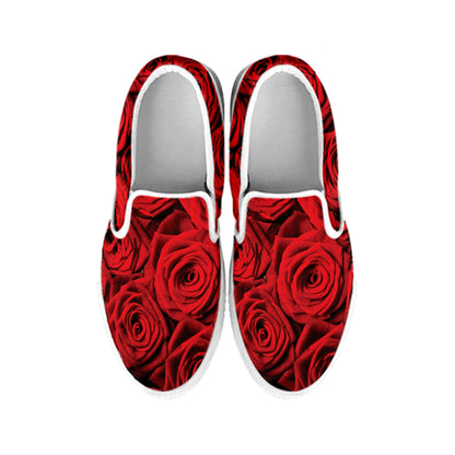 Red Rose Print White Slip On Shoes