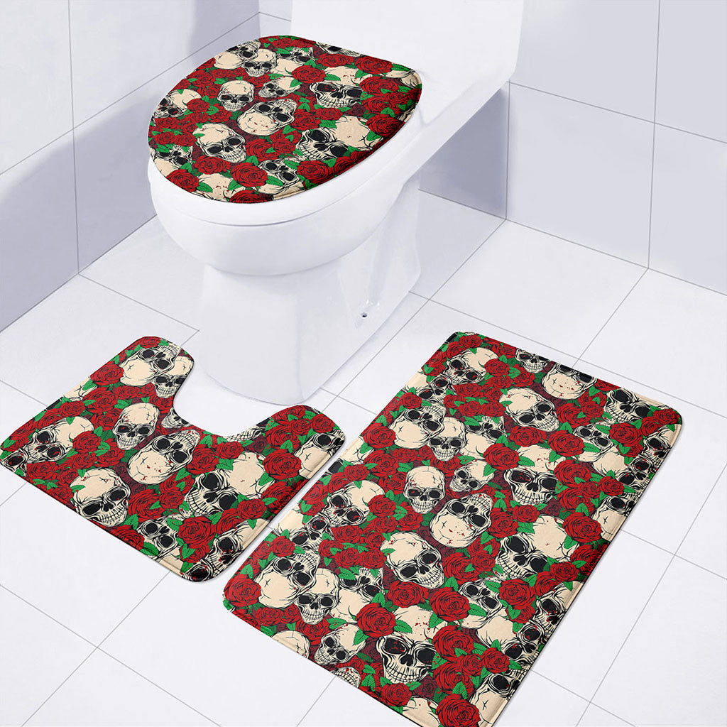 Red Rose Skull Pattern Print 3 Piece Bath Mat Set