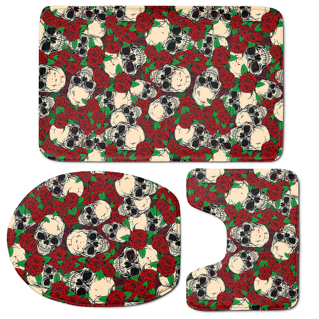 Red Rose Skull Pattern Print 3 Piece Bath Mat Set