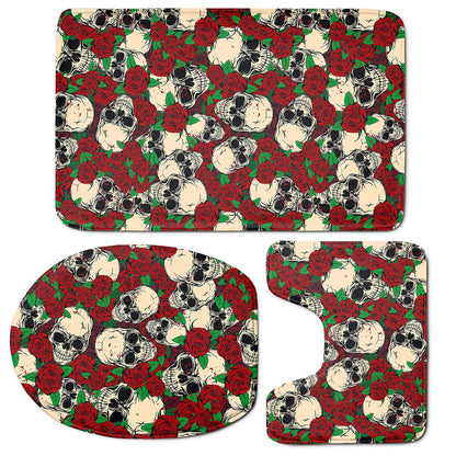 Red Rose Skull Pattern Print 3 Piece Bath Mat Set