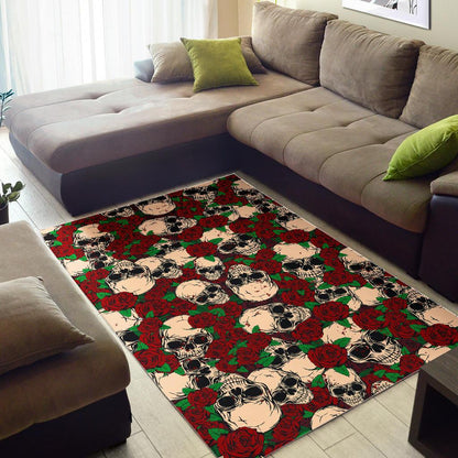Red Rose Skull Pattern Print Area Rug GearFrost