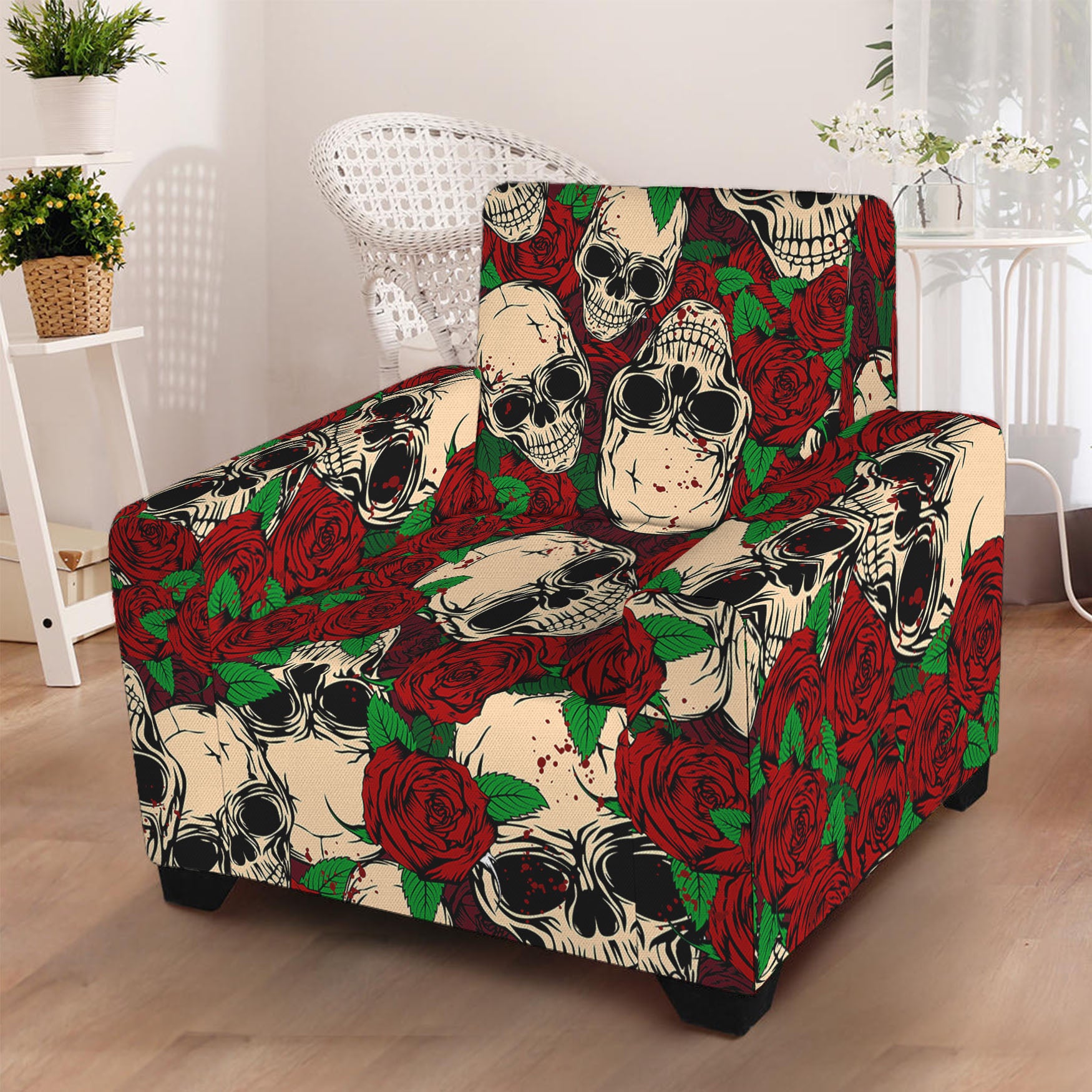 Red Rose Skull Pattern Print Armchair Slipcover