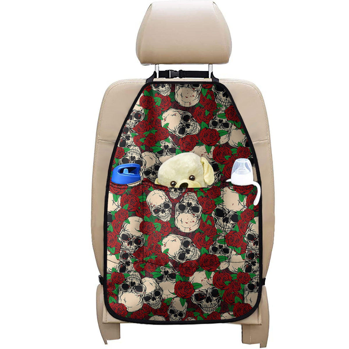 Red Rose Skull Pattern Print Car Seat Organizers