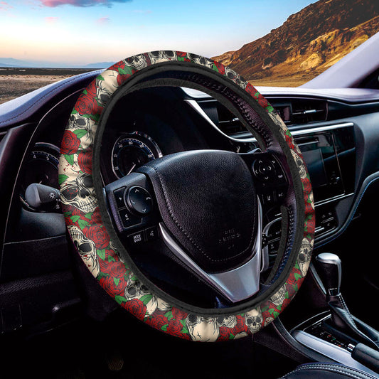 Red Rose Skull Pattern Print Car Steering Wheel Cover