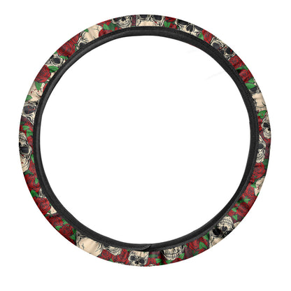 Red Rose Skull Pattern Print Car Steering Wheel Cover