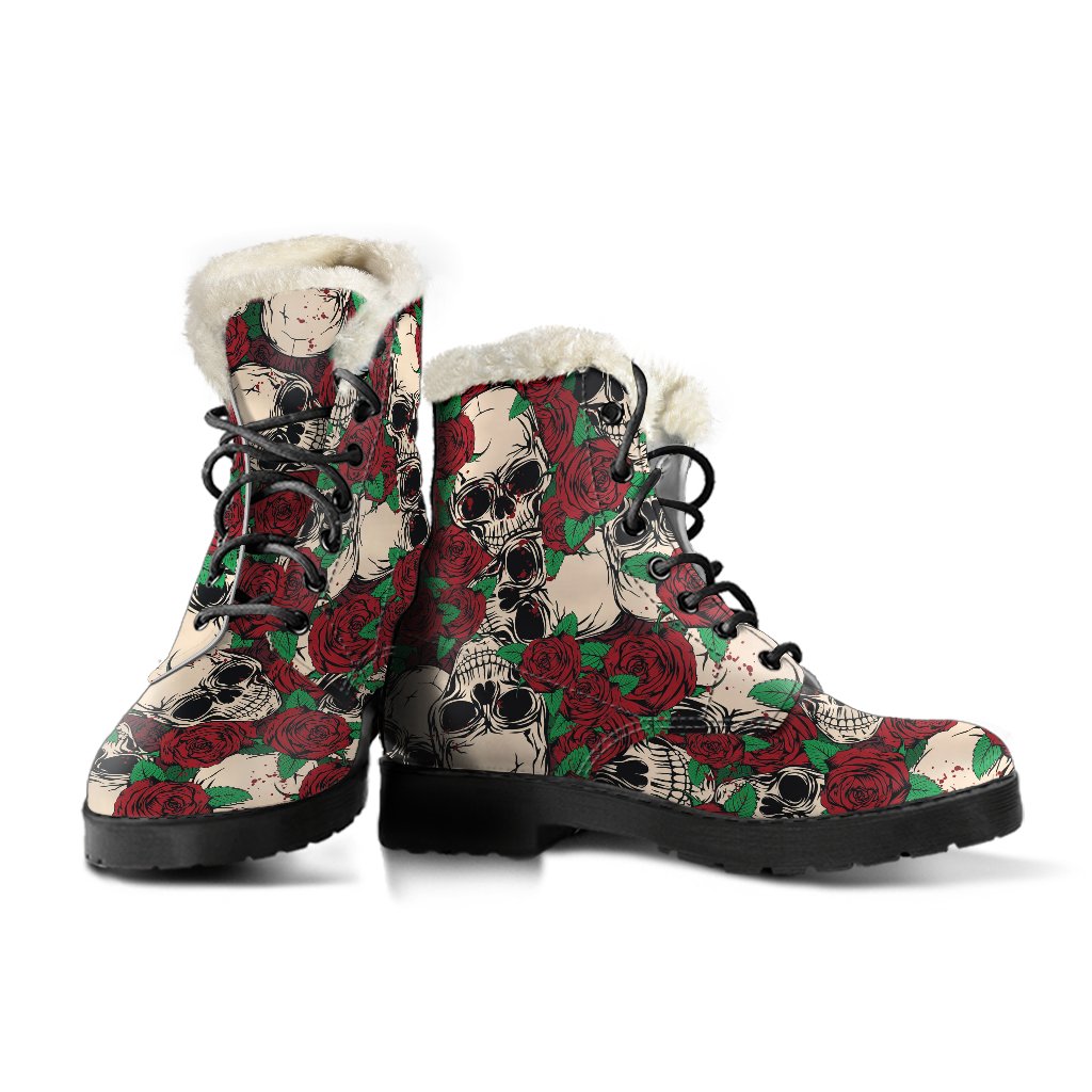 Red Rose Skull Pattern Print Comfy Boots GearFrost