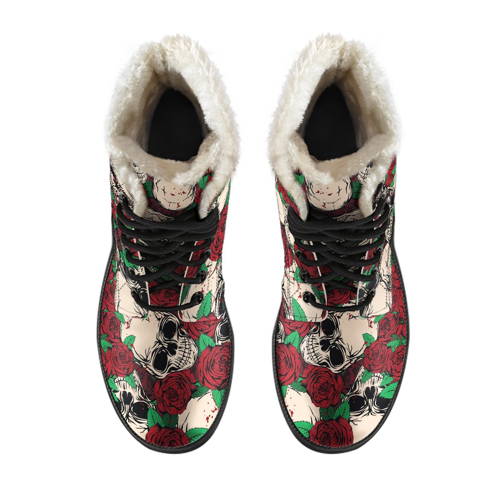 Red Rose Skull Pattern Print Comfy Boots GearFrost
