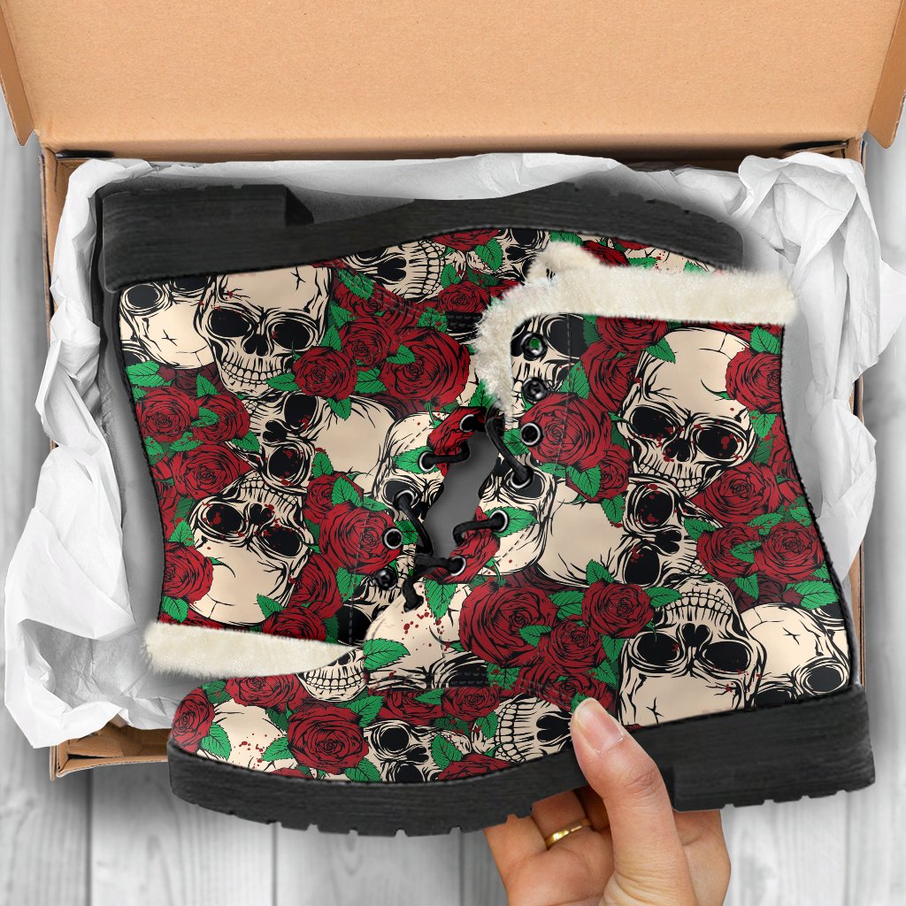 Red Rose Skull Pattern Print Comfy Boots GearFrost