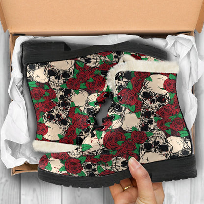 Red Rose Skull Pattern Print Comfy Boots GearFrost