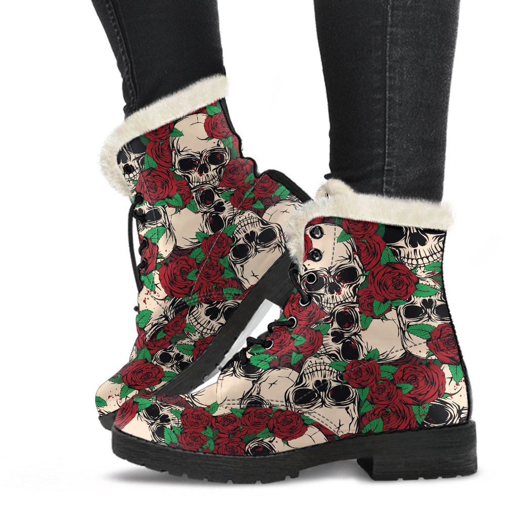 Red Rose Skull Pattern Print Comfy Boots GearFrost