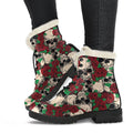 Red Rose Skull Pattern Print Faux Fur Leather Boots