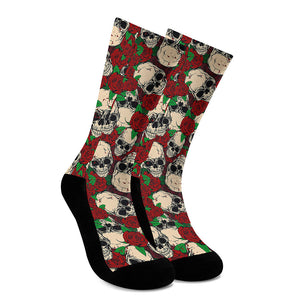 Red Rose Skull Pattern Print Crew Socks