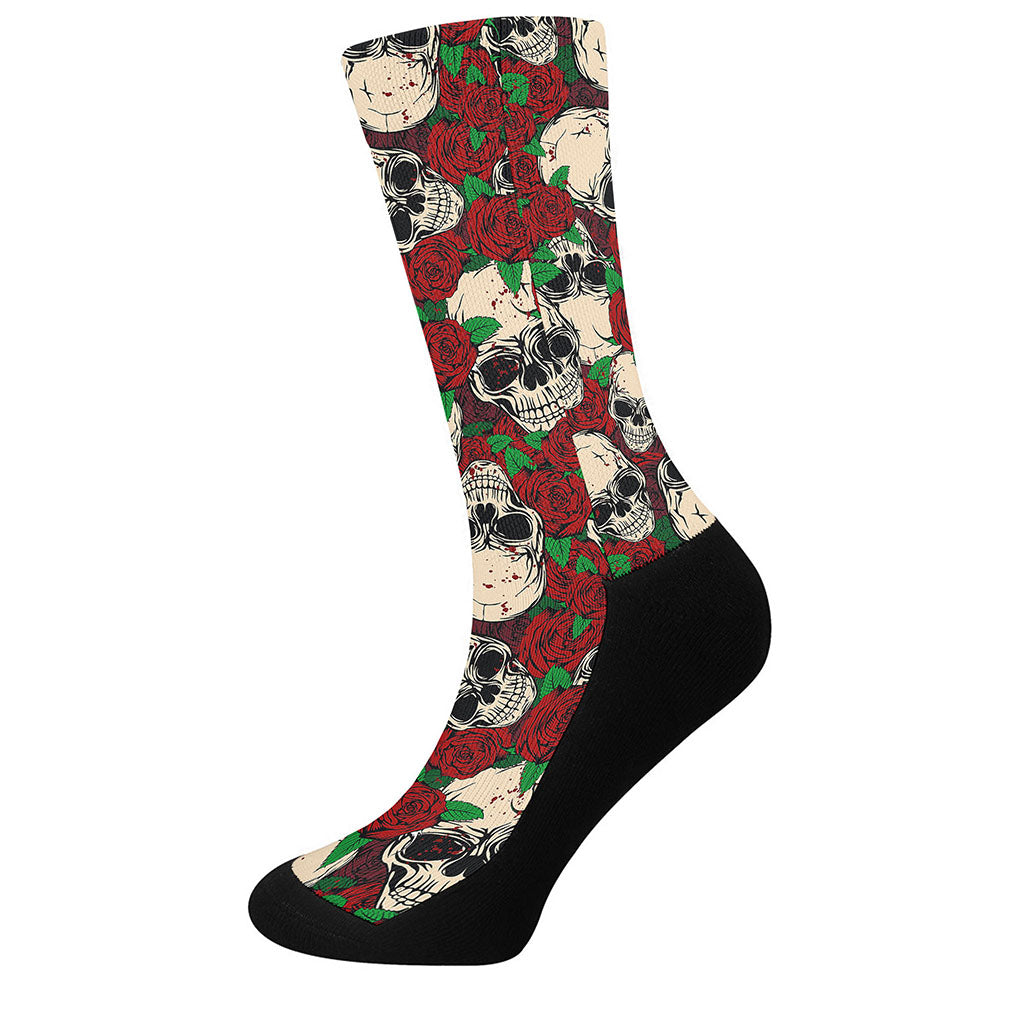 Red Rose Skull Pattern Print Crew Socks