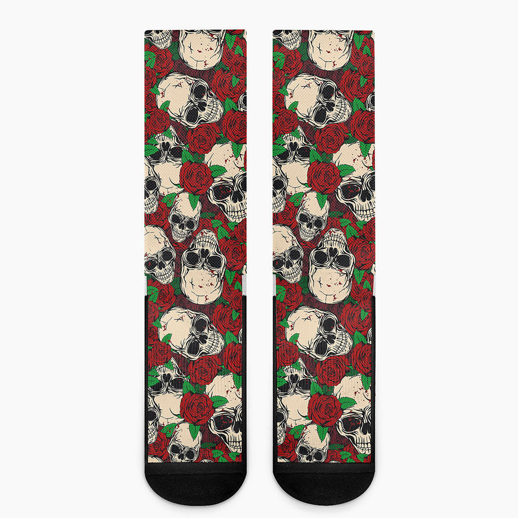 Red Rose Skull Pattern Print Crew Socks