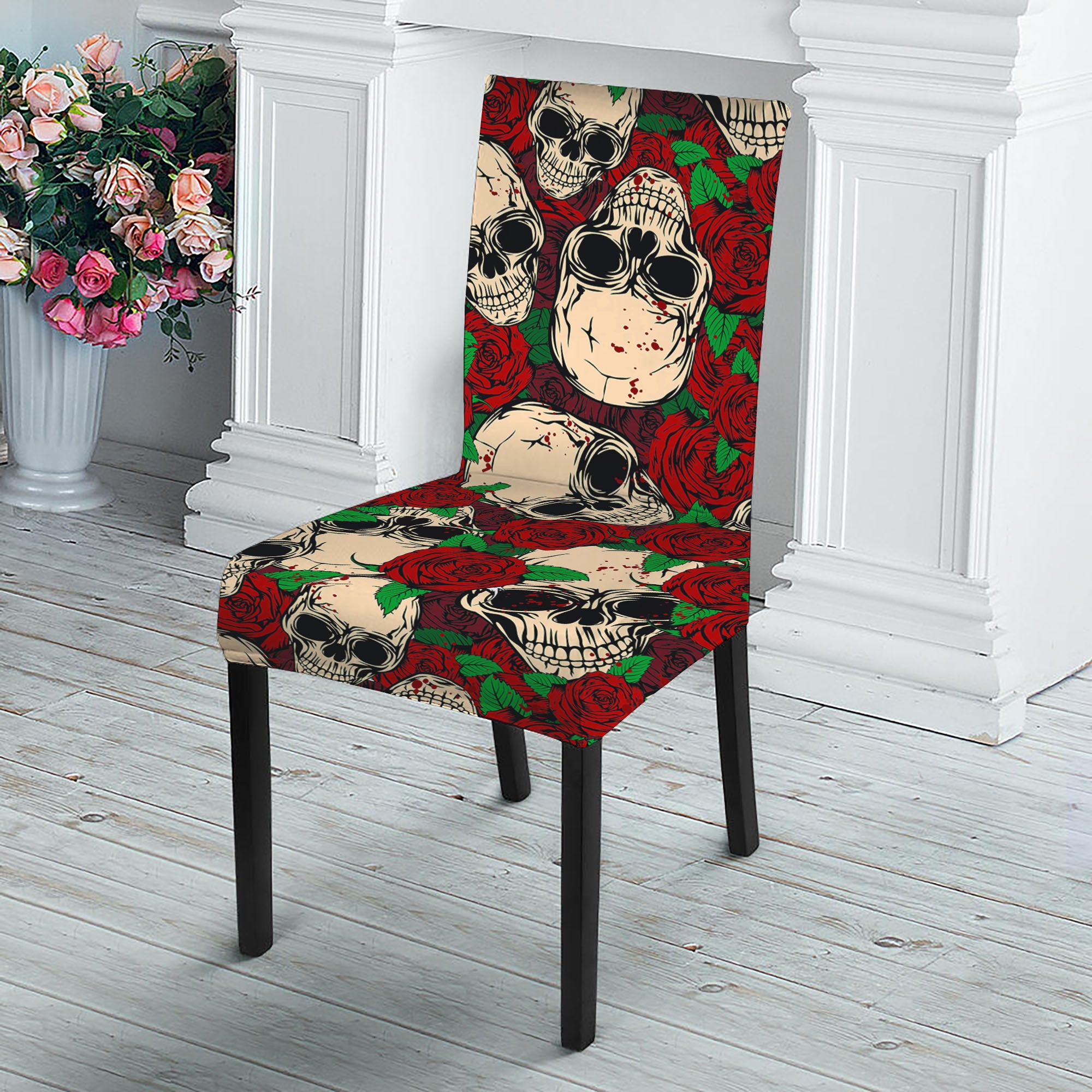 Red Rose Skull Pattern Print Dining Chair Slipcover