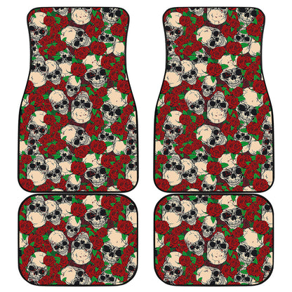 Red Rose Skull Pattern Print Front and Back Car Floor Mats