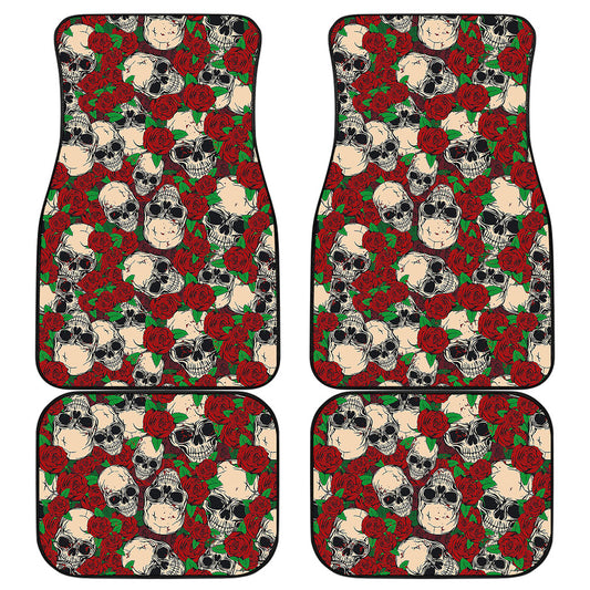 Red Rose Skull Pattern Print Front and Back Car Floor Mats
