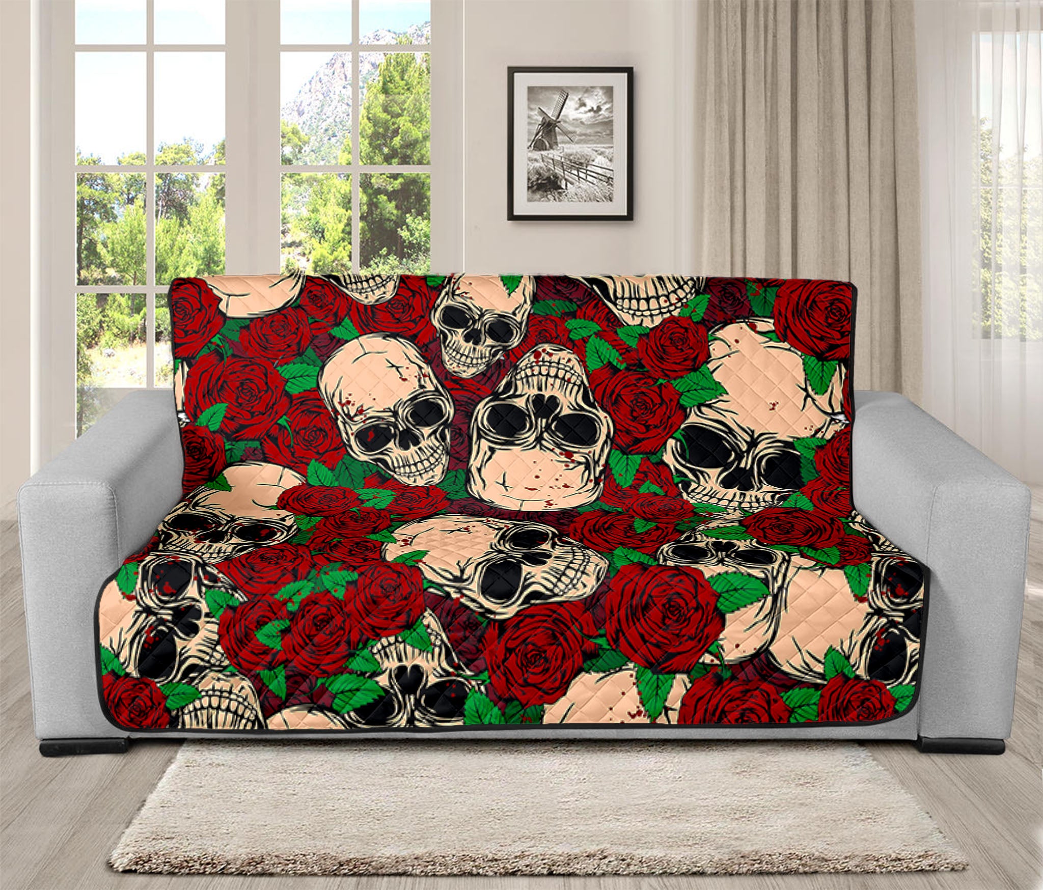 Red Rose Skull Pattern Print Futon Protector