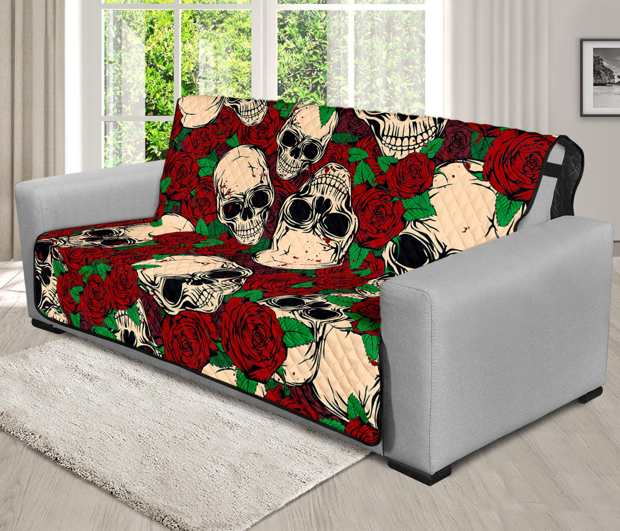 Red Rose Skull Pattern Print Futon Protector