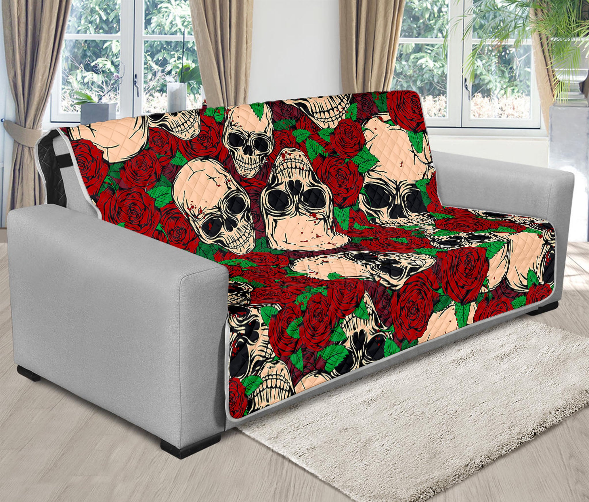 Red Rose Skull Pattern Print Futon Protector