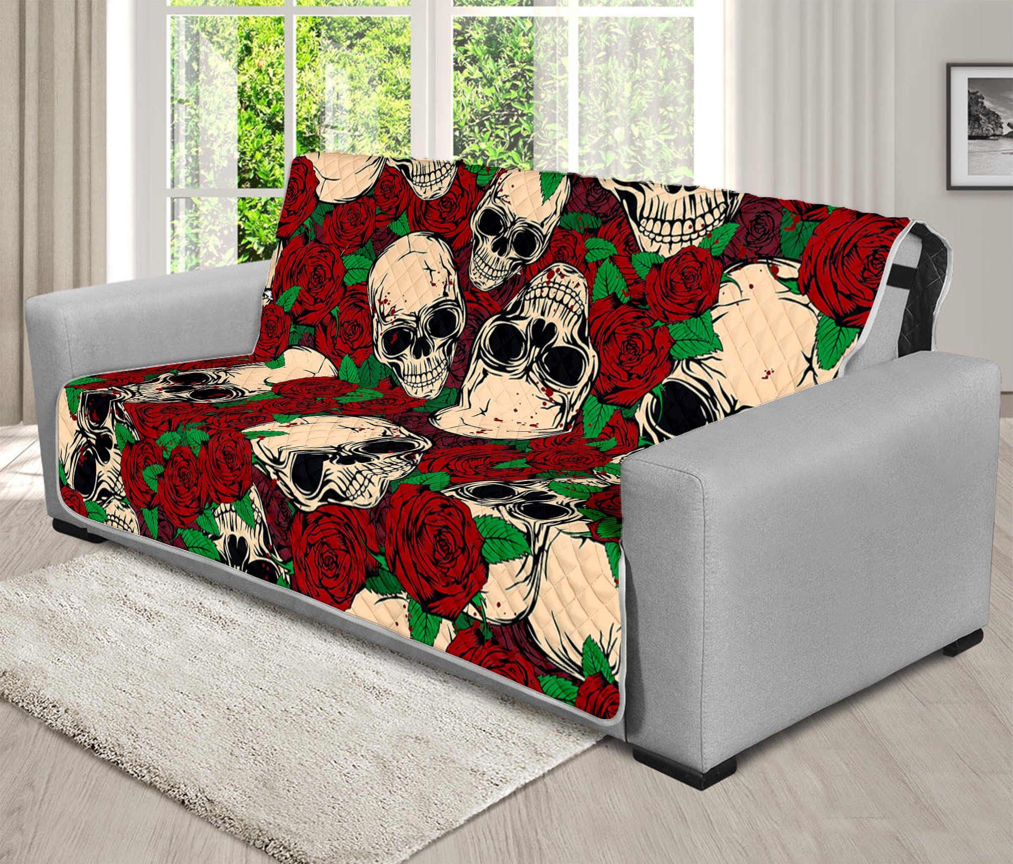 Red Rose Skull Pattern Print Futon Protector