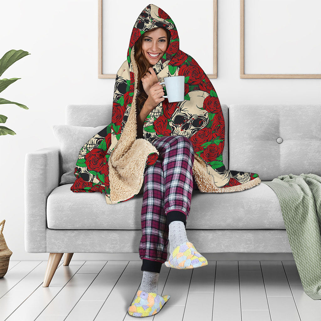 Red Rose Skull Pattern Print Hooded Blanket