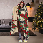 Red Rose Skull Pattern Print Hooded Blanket