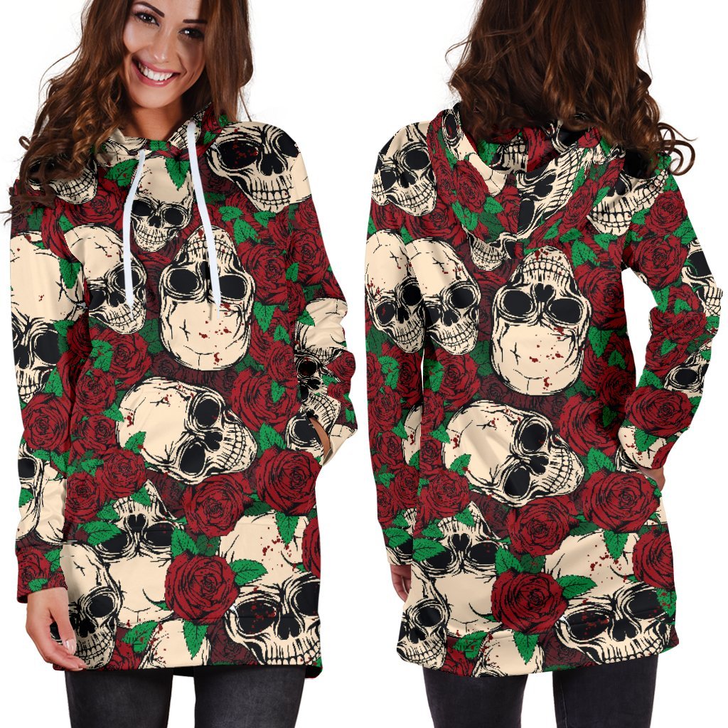 Red Rose Skull Pattern Print Hoodie Dress GearFrost