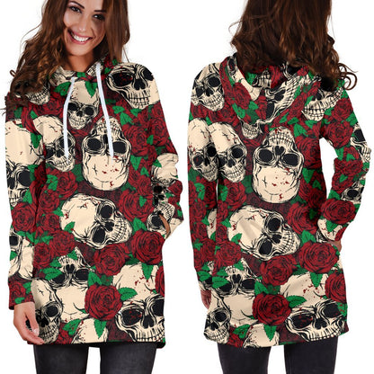 Red Rose Skull Pattern Print Hoodie Dress GearFrost