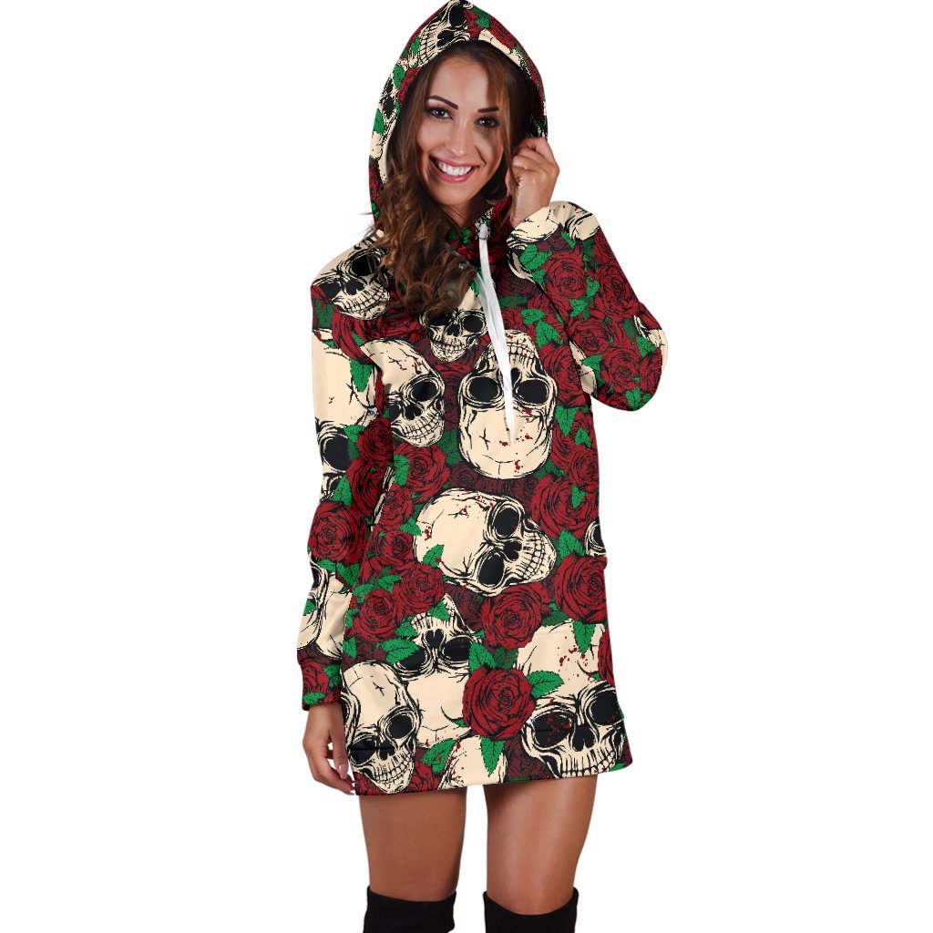 Red Rose Skull Pattern Print Hoodie Dress GearFrost