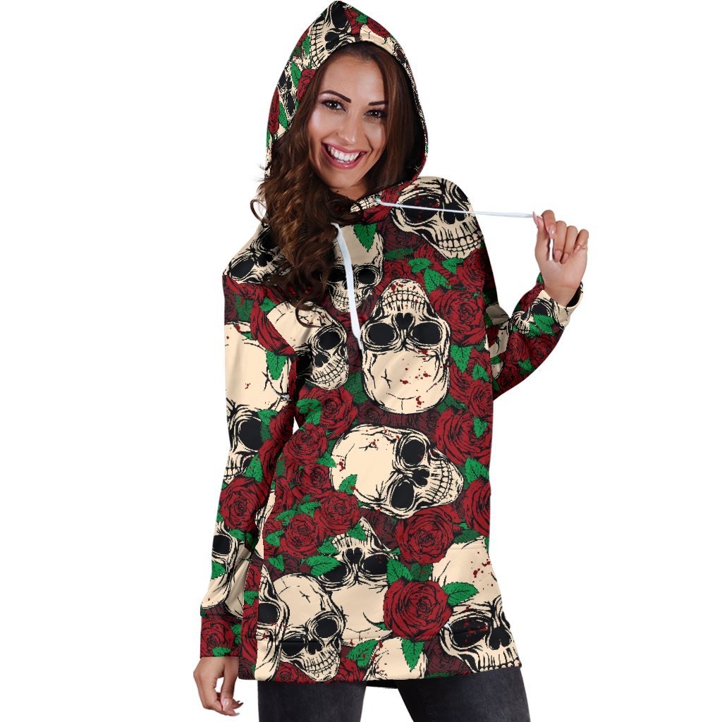 Red Rose Skull Pattern Print Hoodie Dress GearFrost