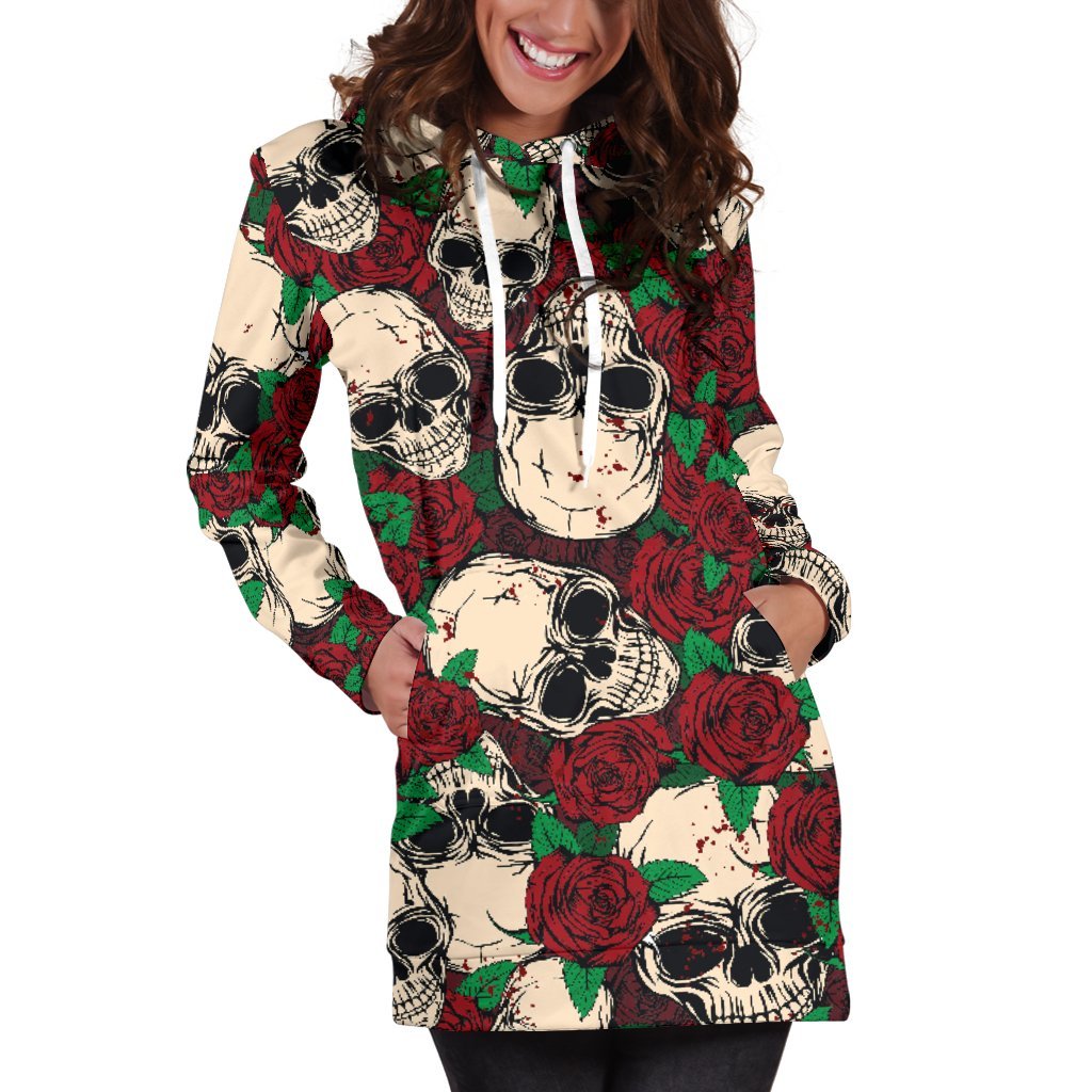 Red Rose Skull Pattern Print Hoodie Dress GearFrost