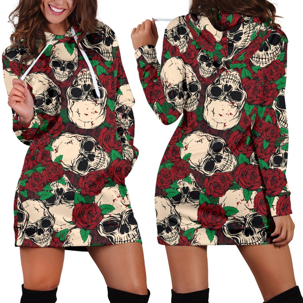 Red Rose Skull Pattern Print Hoodie Dress GearFrost